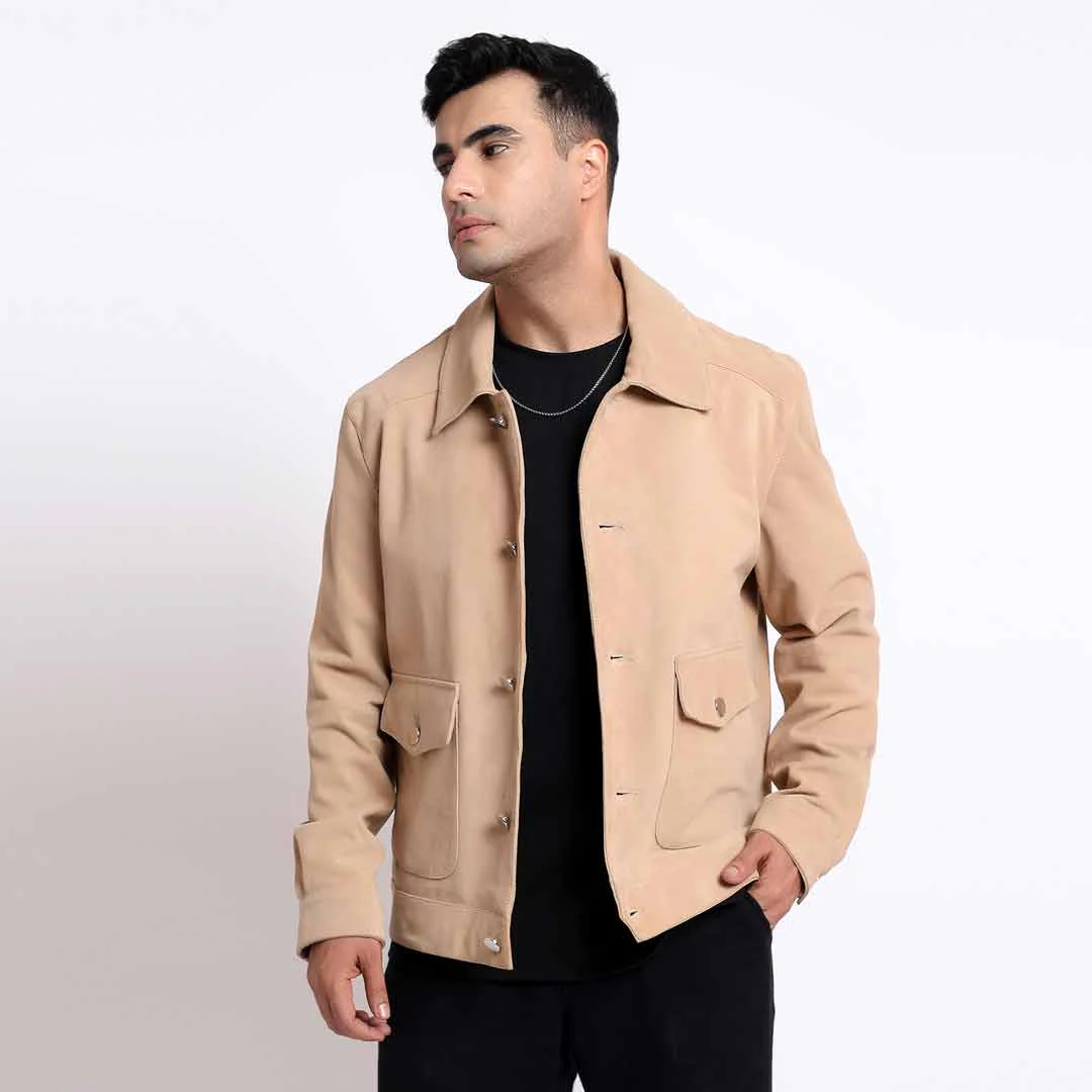 Salmon Color Suede Leather Mens Jacket With Collar