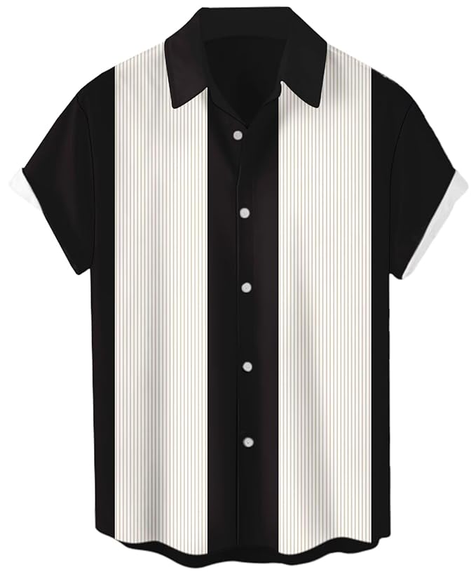 Men Short Sleeve Button Down Vintage Bowling Shirt