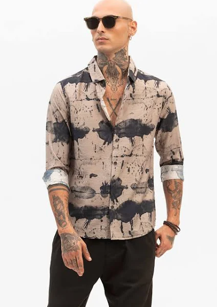 Beige Abstract Slim Fit Shirt For Men