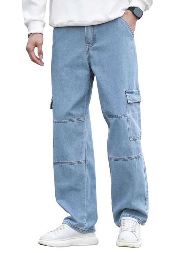 GRECIILOOKS Baggy Cargo Jeans for Men – High Rise Relaxed Fit Denim Pants | Cotton Blend Streetwear 