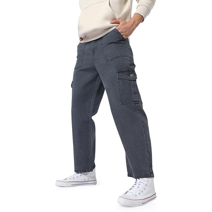 Urbano Fashion Men's Loose Baggy Fit Cargo Jeans with 6 Pockets Non-Stretchable