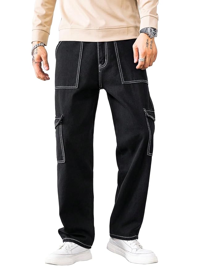 AVANOVA Bell-Bottom Men Cargo Jeans II Men Cargo Pants II Denim Cargo for Men II Cotton Pant II Wide