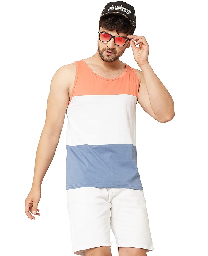 RodZen Men's Cotton Regular Fit Color Blocked Sleeveless T-Shirt