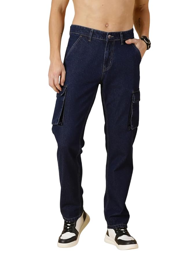 Thomas Scott Men Comfort Relaxed Fit Clean Look Light Fade Pure Cotton Cargo Jeans