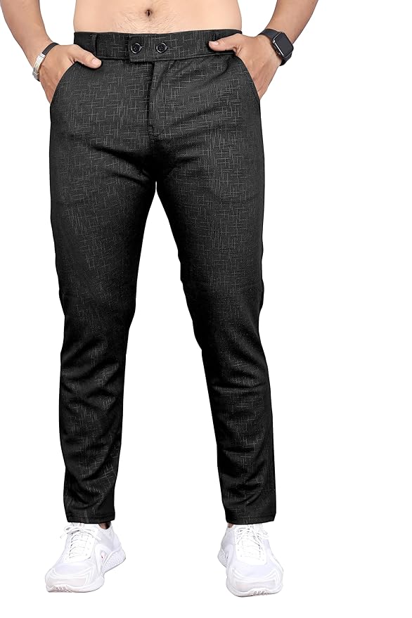 Mehrang Men's Slim Fit Casual Trousers, Black, Cotton Blend, Side Pockets