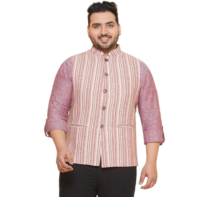 JOHN PRIDE Plu Size Brown Striped Nehru Jacket For Men