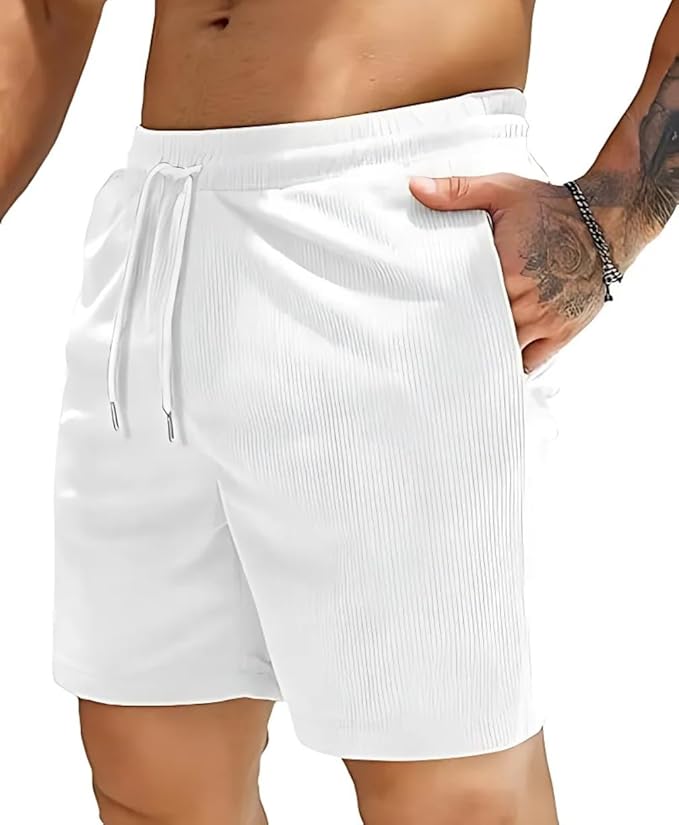 Men's Premium Polycotton Casual Ribbed Shorts || Elastic & Drawstring Waist with 2 Pocket || Loose F