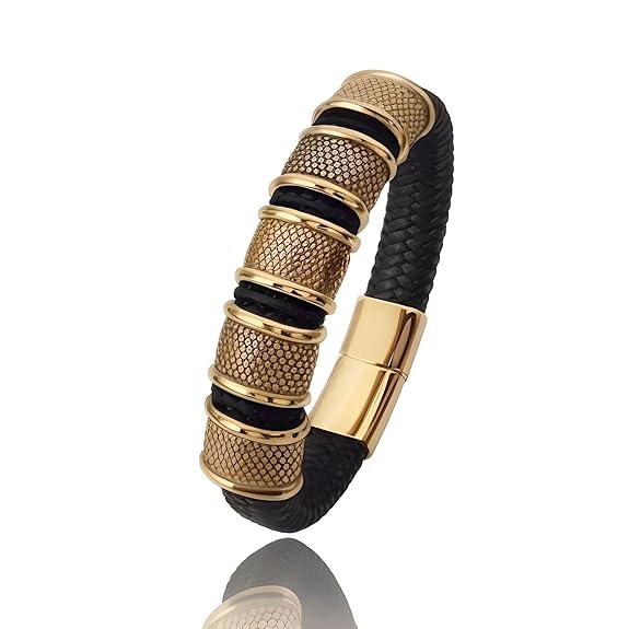 THE MEN THING KAIROS RADIANT GOLD - Genuine Leather Braided Bracelet with Stainless Steel Magnetic B