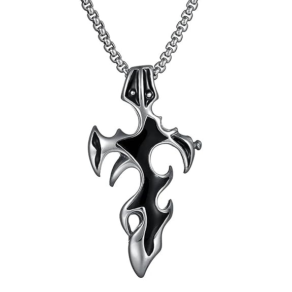 Fashion Frill Silver Chain For Men Anti Turnish Stainless Steel Vintage Black Tribal Sword Pendant C