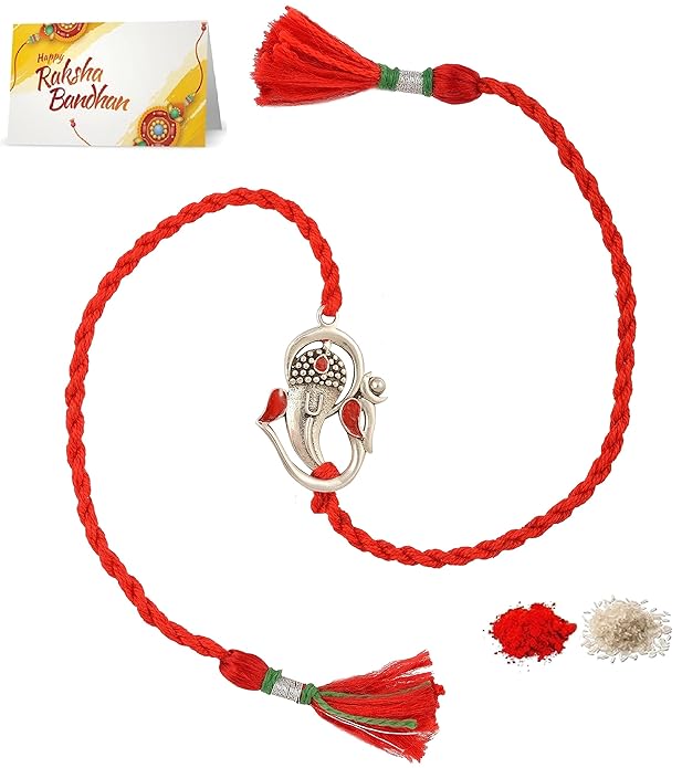 MEENAKARI HERITAGE JEWELLERY Pure 925 Sterling Silver Swastik Ganesha Rakhi Set with Roli Chawal, Ra