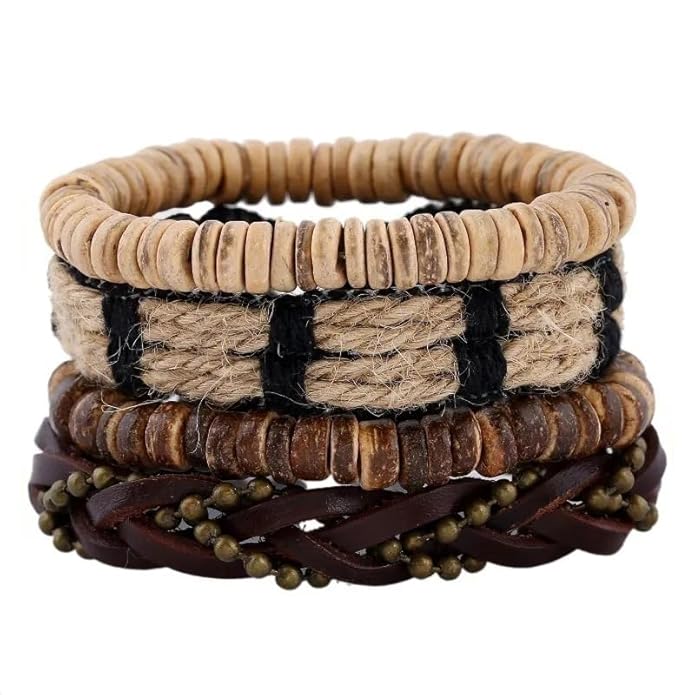 THE MEN THING EARTHBOUND CUFFS - 4 Pcs Brown Genuine Braided Leather Bracelet Set for Men & Boys (8 