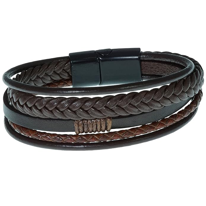 THE MEN THING Leather Bracelet for Men - American Style Brown Genuine Leather Multi-Layer Braided Br