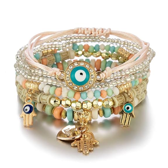 Shining Diva Fashion Bohemian Stackable Multilayer Hamsa Hand Evil Eye Lucky Protection Bracelets Mu