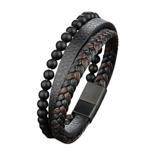 MEENAZ Bracelet for Men Black Leather Bracelet for boys Magnetic-Clasp Leather Mens Beads Bracelet E