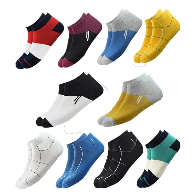 HICODE Ankle Length Socks For Men, 10 Pairs, Multicolour Cotton Blend, Geometric Pattern Design