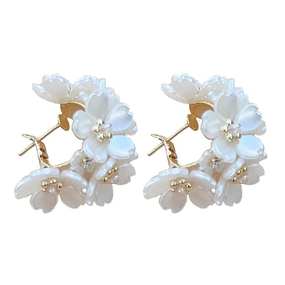 Shining Diva Fashion Latest Sweet Romantic Elegant White Flower Hoop Earrings | Stylish Shell Resin 