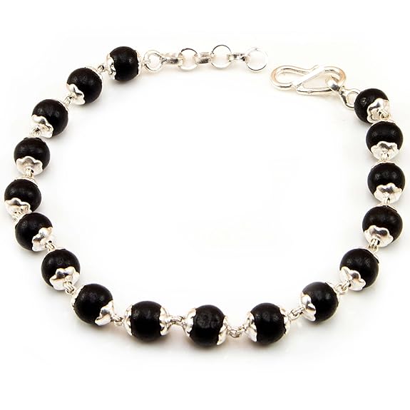 Njels 925 Silver Karungali Bracelet for Men and Women | Natural Karungali Beads 7.00 MM Size with Si