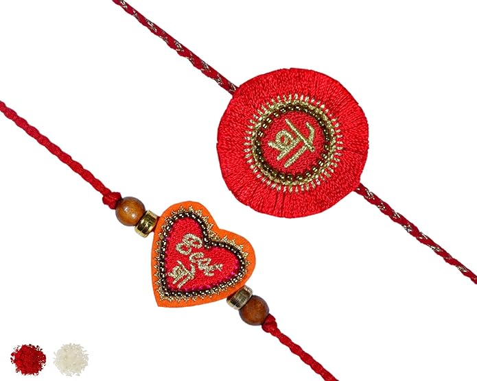 MASQ by Q-One Designer Rakhi Combo Set with Roli Chawal & Moli for Men (Orange-Gold | Pack of 2) | E