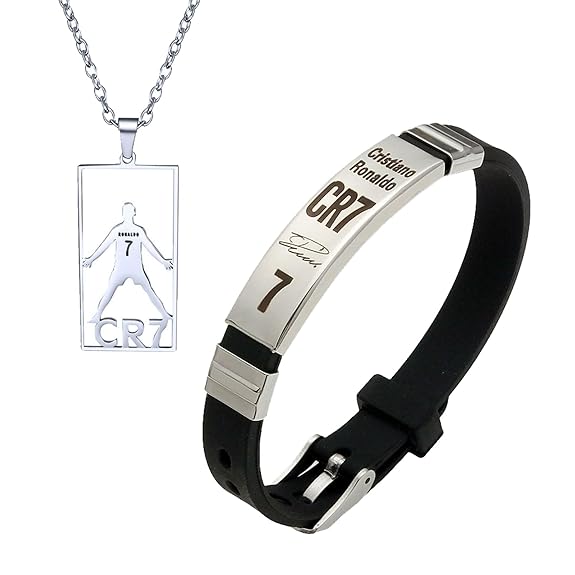NHCDFA Men 2Pcs CR7 Bracelet, Football Star Pendant Necklace Set Adjustable Stainless Steel Silicone