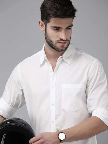 Men White Classic Regular Fit Cotton Casual Shirt 